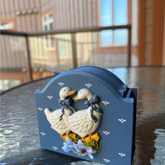 Other - Rare Wood Vintage Geese Blue Bow Timber Coaster Set